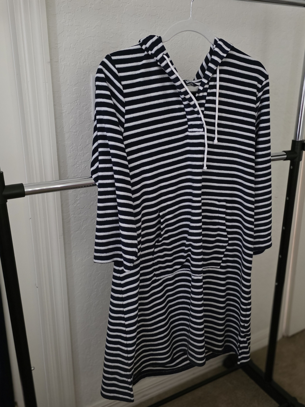 Lands' End Navy and White Striped Hooded Swim Coverup